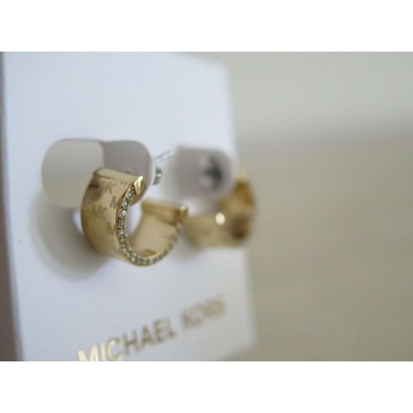 Michael Kors MKJX7845710 MK Monogram Yellow Gold Hoop Stud Earrings Crystals - Picture 6 of 10